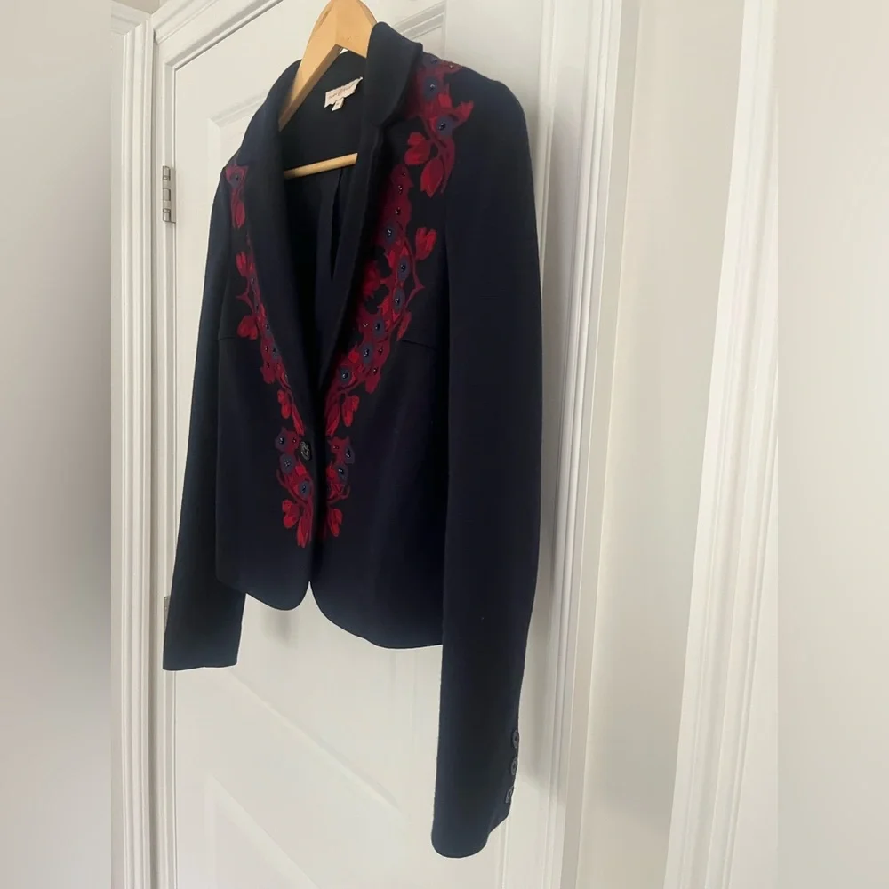 TORY BURCH Navy/Red Floral Button Front Blazer/Jacket Sz. XS Wool blend
